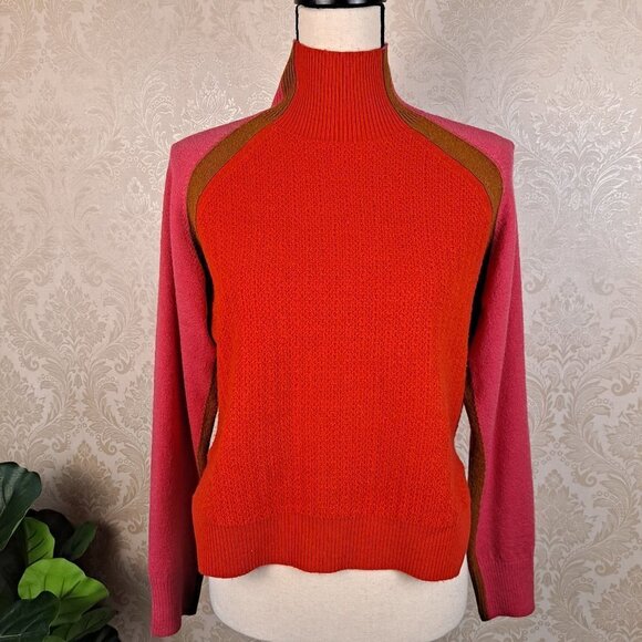French Connection Size Small Funnel Neck Sweater Red/Tan/Pink Wool Blend NWT - Picture 1 of 14